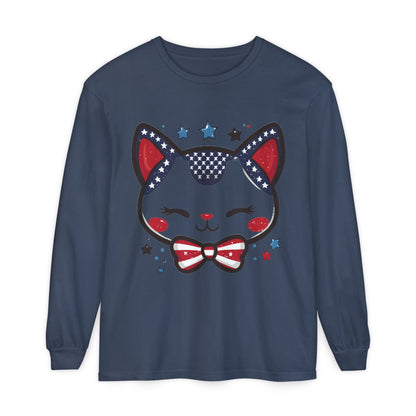 Cute Patriotic Cat Long Sleeve Women's T-Shirt, Fourth of July, Cat Lovers Gift, Casual Wear, Perfect for Holidays and Celebrations