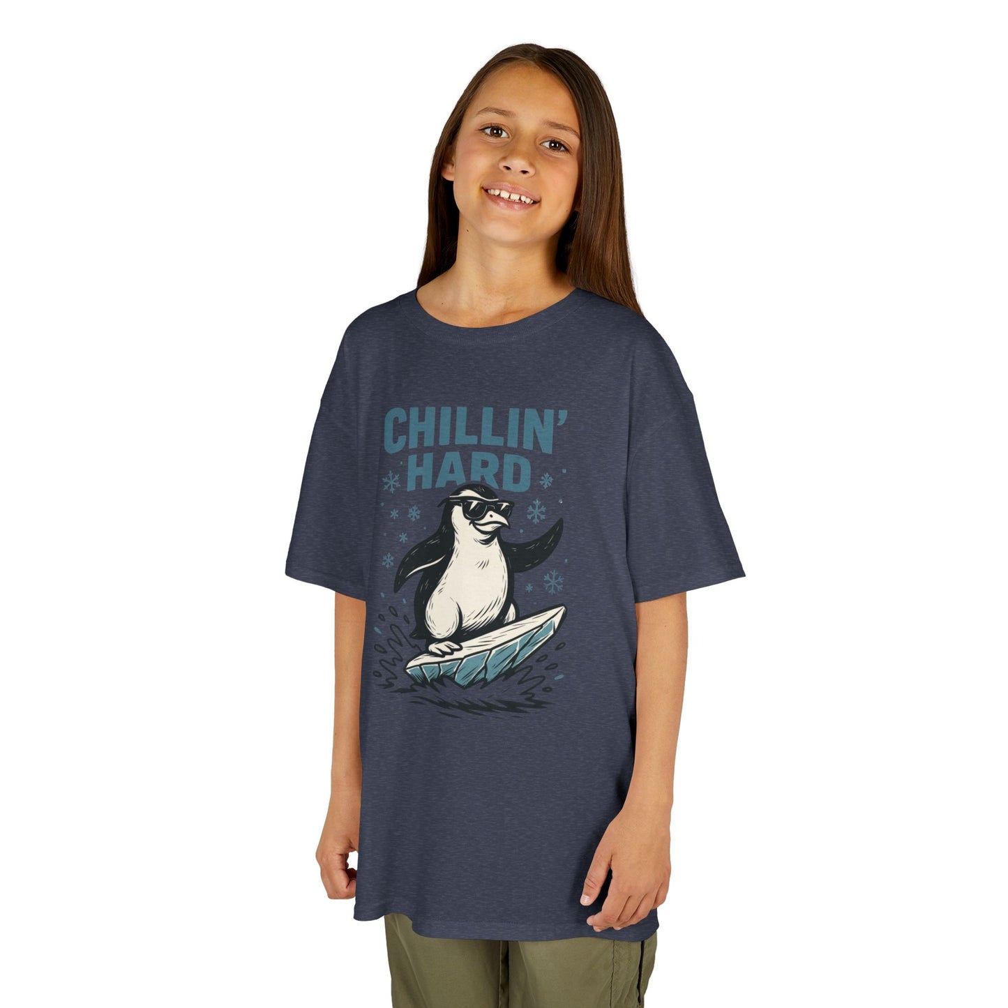 Kids Heavy Cotton™ Tee, Kids Chillin Hard Penguin T-Shirt, Funny Cool Animal Graphic Tee for Children