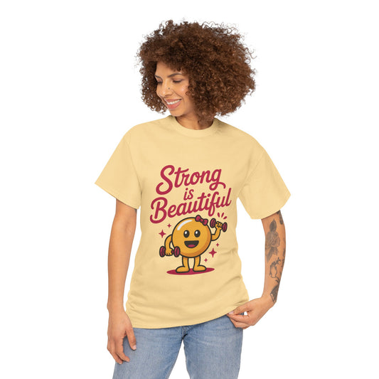 Strong is Beautiful Womens T-Shirt, Cute Fitness Character Graphic Tee, Inspirational Workout Shirt, Gym Motivation Gift for Her