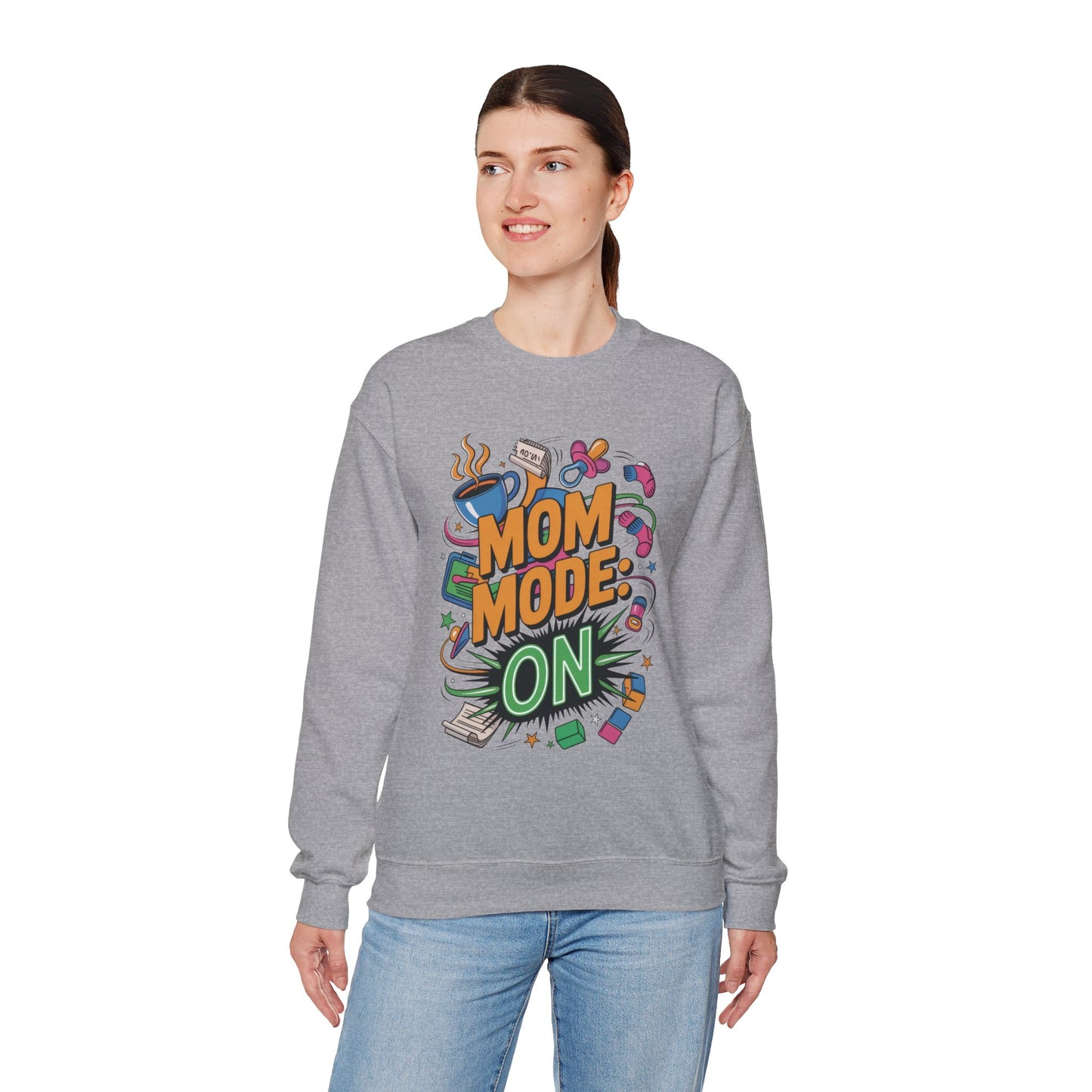 Mom Mode On Crewneck Sweatshirt, Gift for Mom, Mother's Day Humor T-Shirt, Cute Mama Life Graphic Tee, Mother's Day Gift