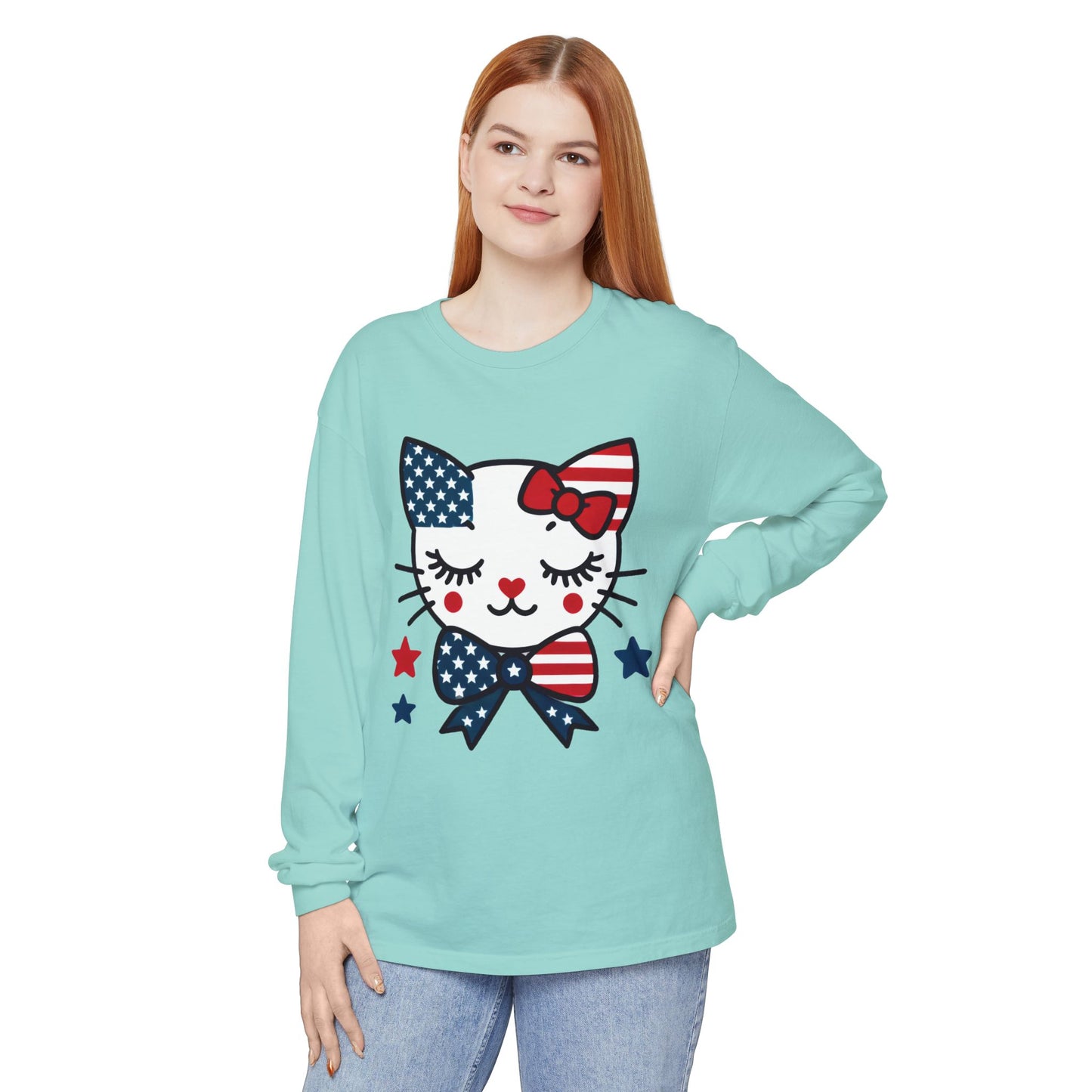 Patriotic Cat Long Sleeve T-Shirt, Women's Tee, Perfect for Fourth of July, Animal Lover Gift, Cozy Casual Wear, Holiday Apparel