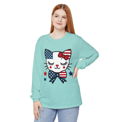 Patriotic Cat Long Sleeve T-Shirt, Women's Tee, Perfect for Fourth of July, Animal Lover Gift, Cozy Casual Wear, Holiday Apparel