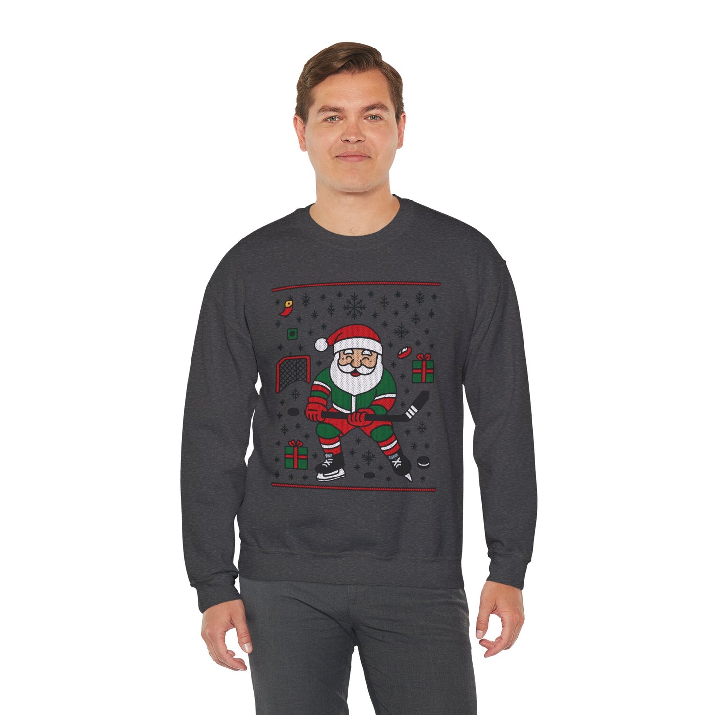Hockey Santa Men's Christmas Sweatshirt, Funny Sports Holiday Jumper