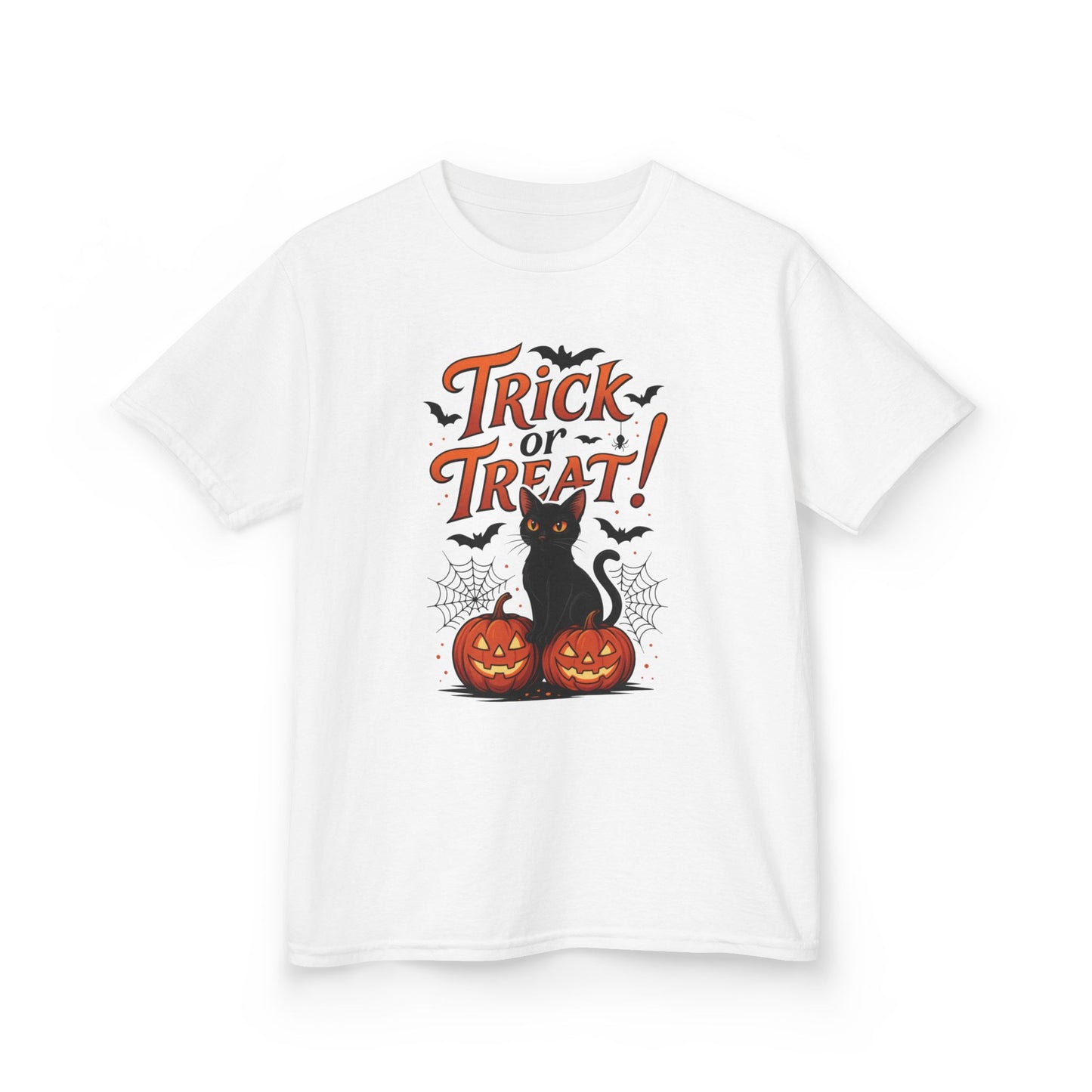 Cute Trick or Treat Black Cat T-Shirt for Girls Boys, Fun Spooky Halloween Tee, Pumpkin Cat Shirt for Kids, Fall Party Outfit