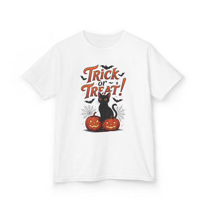 Cute Trick or Treat Black Cat T-Shirt for Girls Boys, Fun Spooky Halloween Tee, Pumpkin Cat Shirt for Kids, Fall Party Outfit