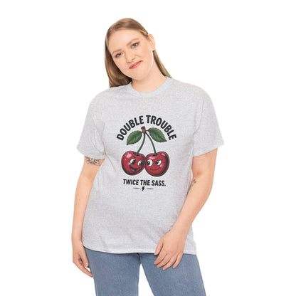 Double Trouble Cherry Graphic Tee, Funny Cute Womens T-Shirt, Twice the Sass Quote Shirt, Sassy Cherry Cartoon Gift