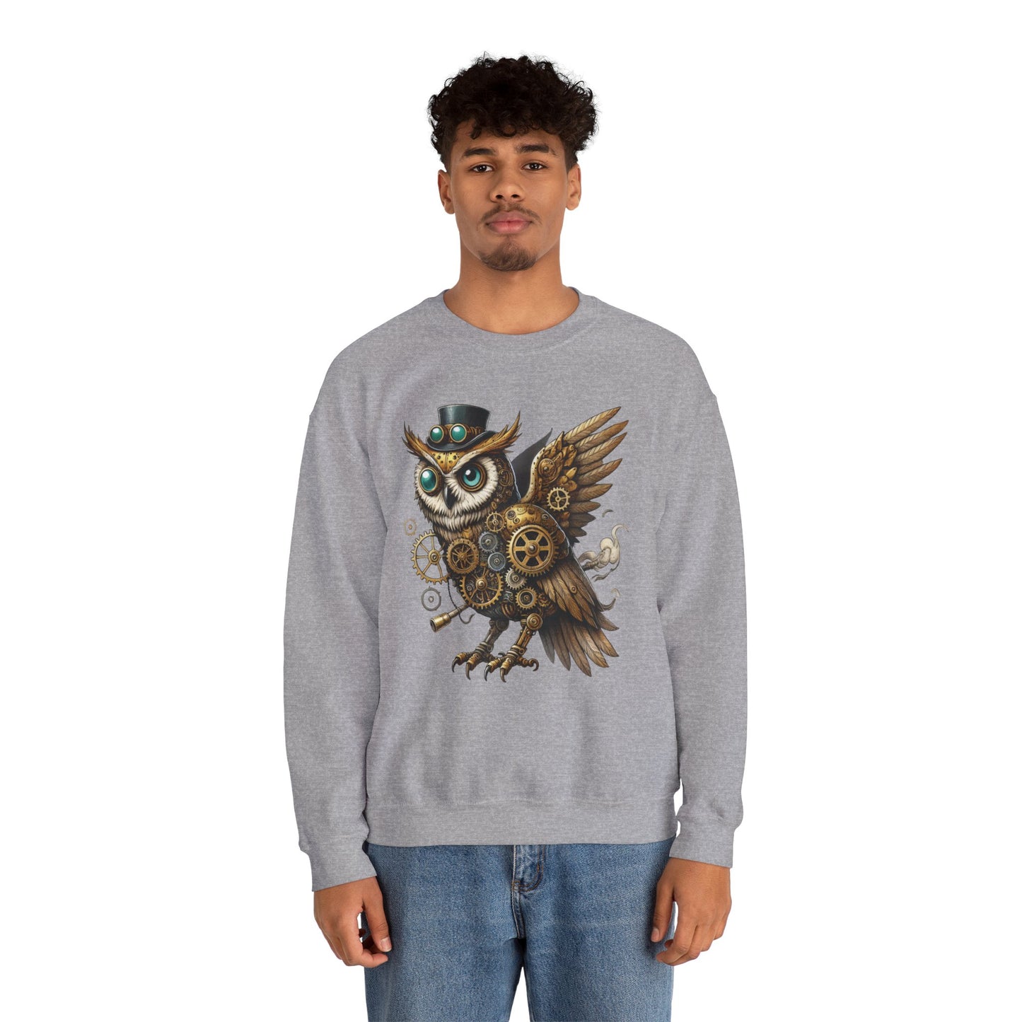 Steampunk Owl Unisex Crewneck Sweatshirt, Vintage Mechanical Gears Fantasy Bird Graphic Pullover, Gift for Owl Lovers