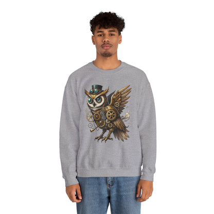 Steampunk Owl Unisex Crewneck Sweatshirt, Vintage Mechanical Gears Fantasy Bird Graphic Pullover, Gift for Owl Lovers