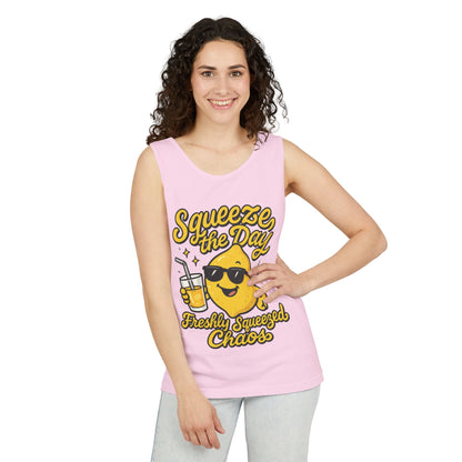 Squeeze The Day Womens Tank Top - Funny Lemon Pun Shirt - Freshly Squeezed Chaos Summer Citrus Top, Casual Beachwear, Fun Summer Apparel