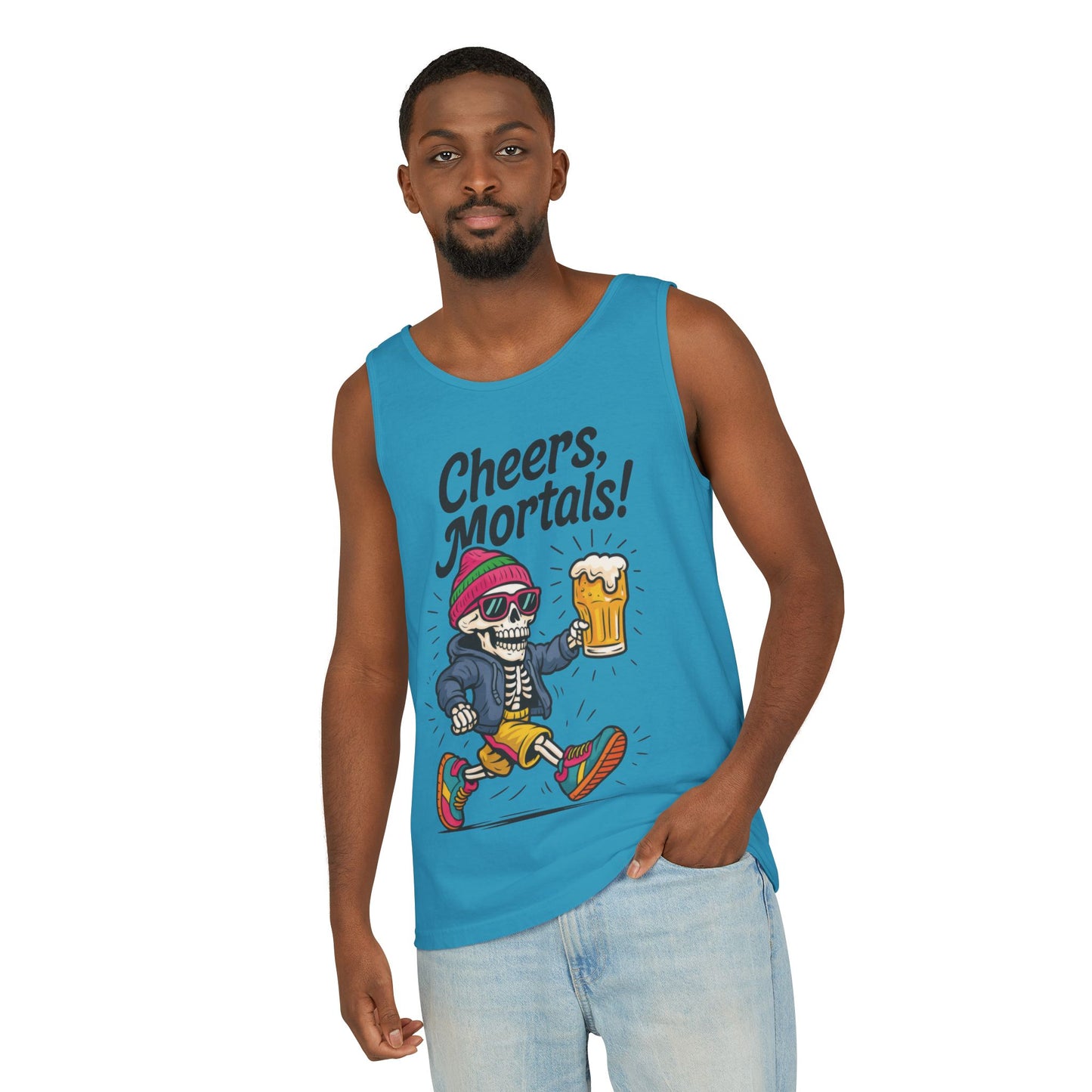 Cheers Mortals! Mens Tank Top, Funny Skeleton Beer Graphic Tee, Drinking Humor Shirt, Party Gift for Him, Halloween Tank,  Beer Lovers Gift