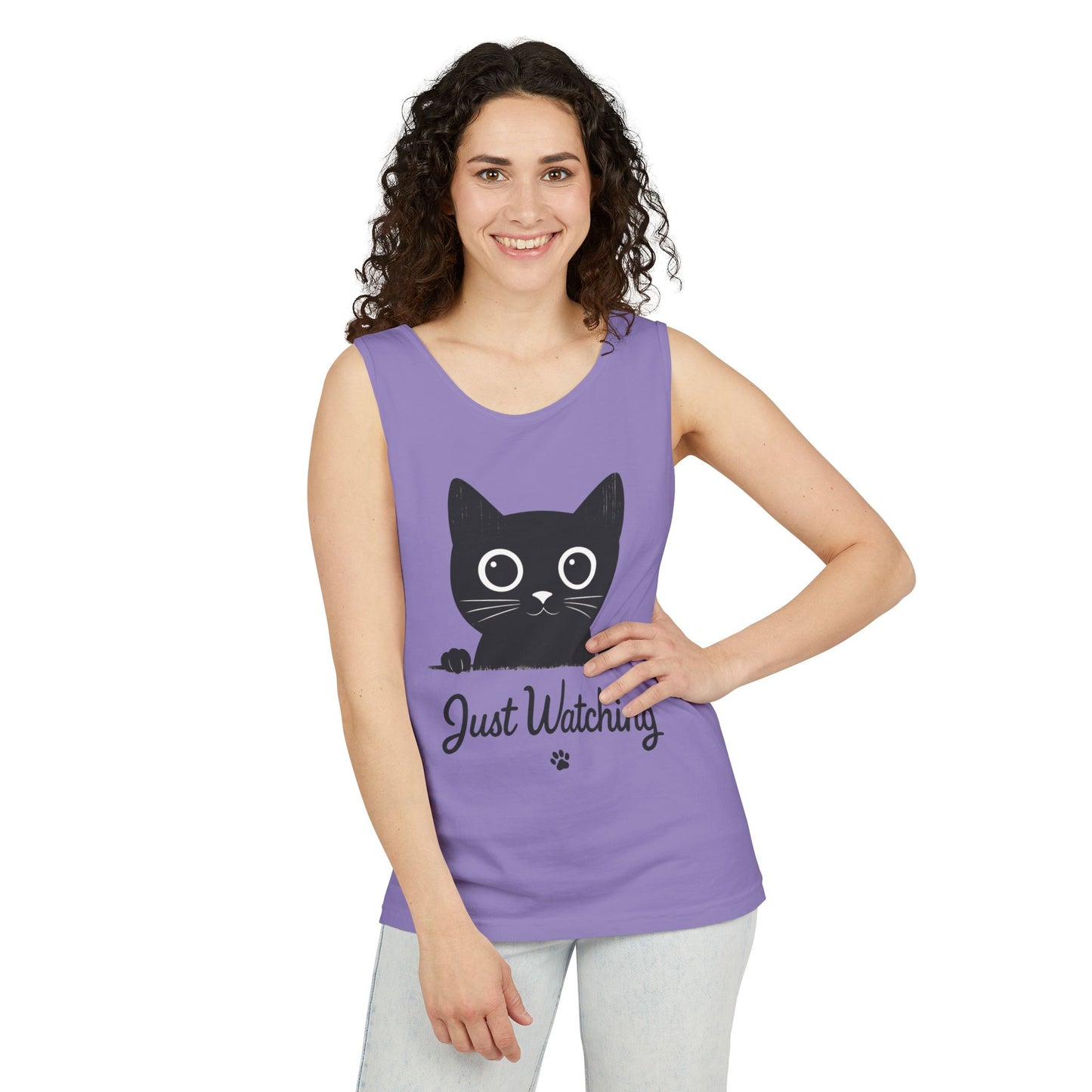 Just Watching Cat Womens Tank Top - Cute Black Kitty Sleeveless Shirt - Funny Summer Cat Lover Gift, Summer Beach Wear, Pet Themed Apparel
