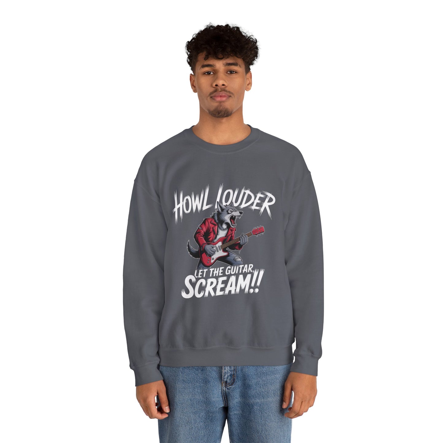 Howl Louder Wolf Sweatshirt, Let The Guitar Scream Pullover, Rock Guitar Animal Hoodie, Rocking Wolf Crewneck Sweatshirt, Music Lover Gift