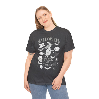 Halloween Witch Flying Broomstick T-Shirt, Trick or Treat Ghost Pumpkin Skull Spider Web Women's Tee