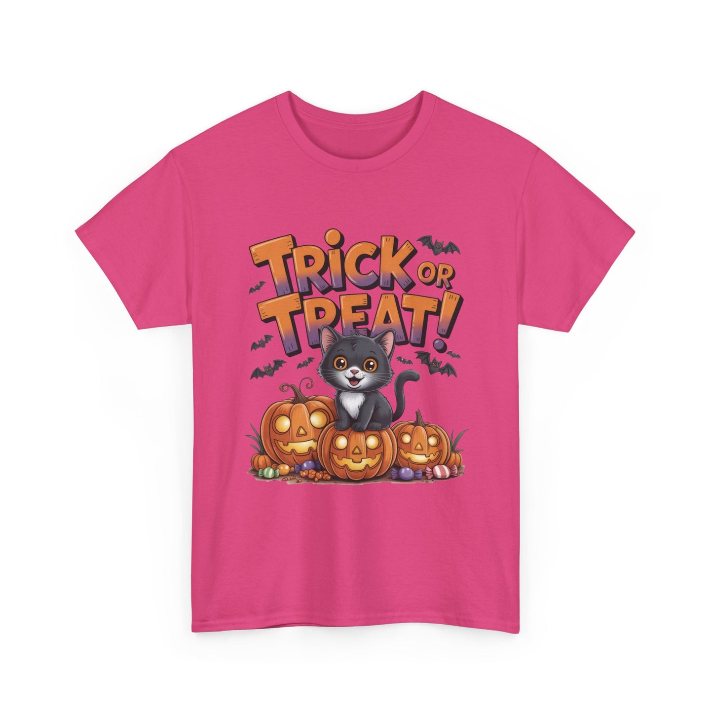 Cute Black Cat Trick or Treat Halloween T-Shirt for Women, Funny Pumpkin Cat Tee, Spooky Fall Shirt, Matching Family Halloween Shirts