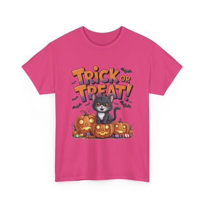 Cute Black Cat Trick or Treat Halloween T-Shirt for Women, Funny Pumpkin Cat Tee, Spooky Fall Shirt, Matching Family Halloween Shirts