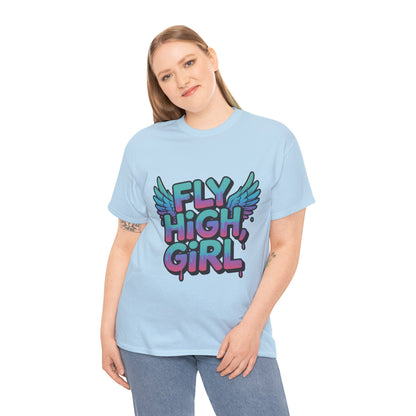Womens Graphic Tee Fly High Girl, Angel Wings Graffiti Drip T-Shirt, Bold Streetwear Top