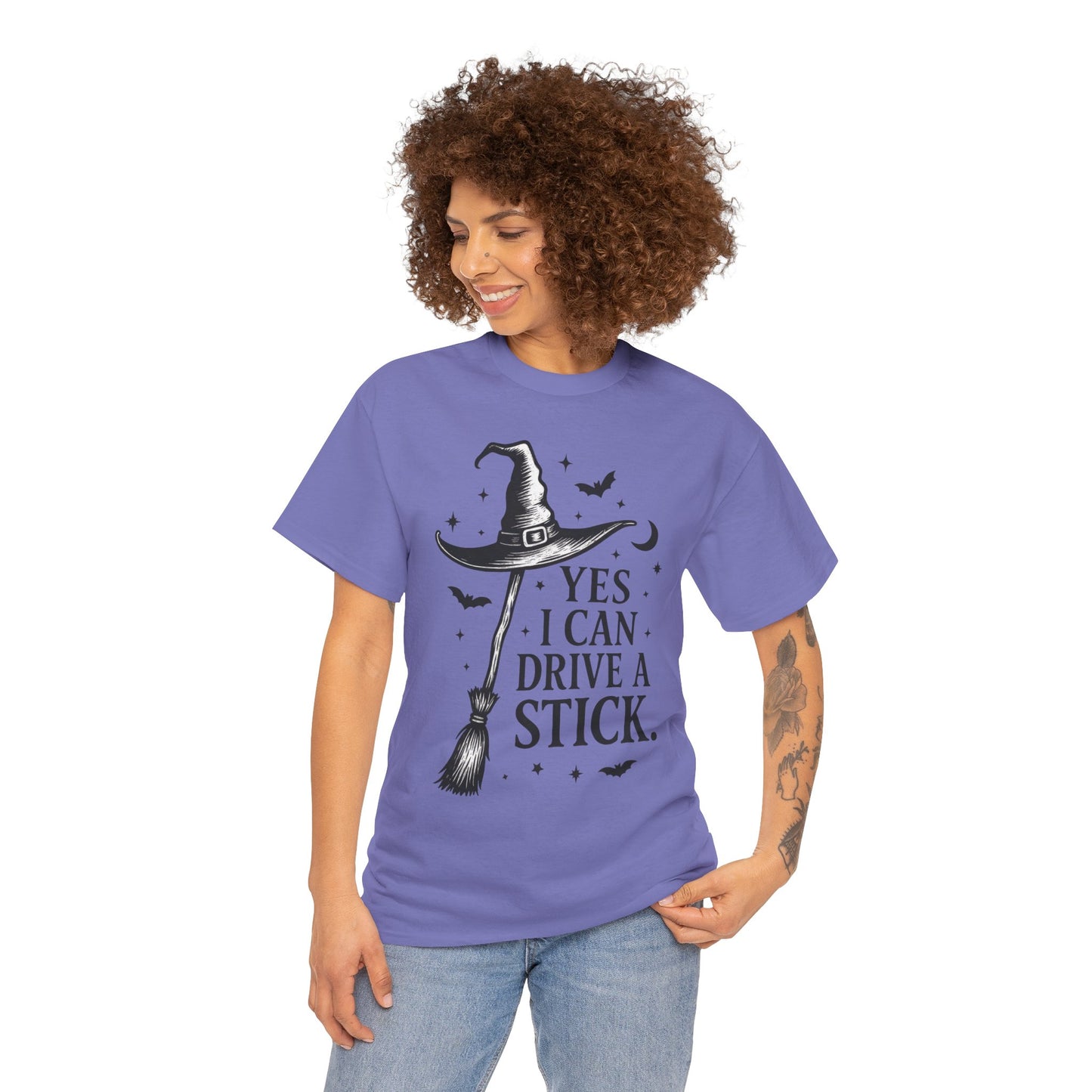 Yes I Can Drive a Stick Witch Hat Broom Halloween Women's T-Shirt, Funny Spooky Graphic Tee, Witch Shirt,