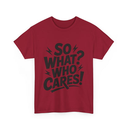 Mens Graphic T-Shirt, Sarcastic Funny Shirt, Rebellious Urban Tee, Black Humor Shirt, So What? Who Cares! T-Shirt, Fun Statement Top