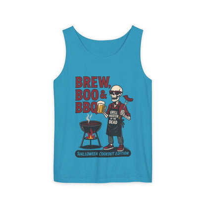 Halloween BBQ Men's Tank Top, Brew Boo & BBQ Skeleton Grill Master, Funny Dad Gift, Grill Master Top, Funny Skeleton Top