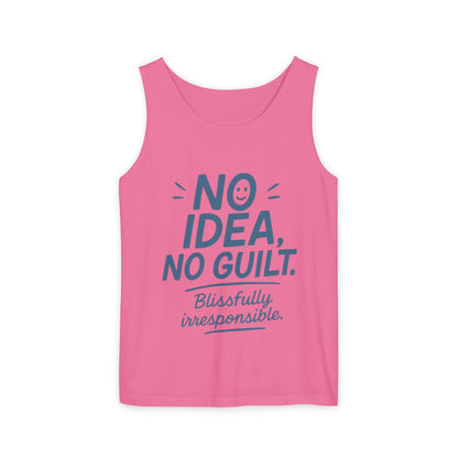 Womens No Guilt Tank Top, No Idea Funny Quote, Blissfully Irresponsible Workout Tee, Casual Sleeveless Top, Summer Activewear, Relaxed Style