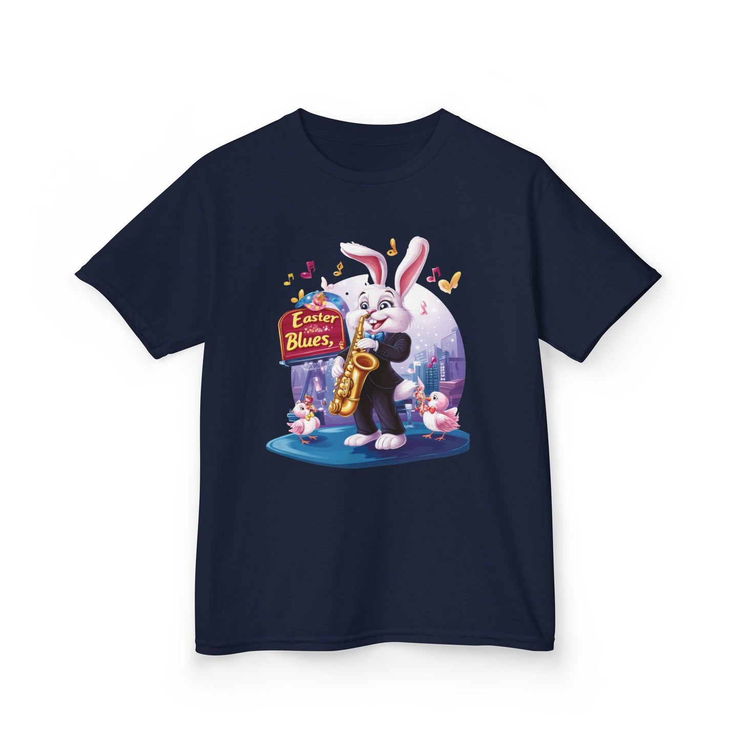 Easter Blues Bunny Kids T-Shirt - Cute Jazz Music Themed Tee for Boys and Girls, Fun Spring Gift, Bunny Playing Saxophone Design