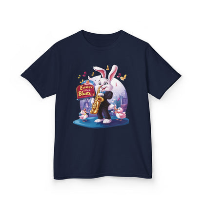 Easter Blues Bunny Kids T-Shirt - Cute Jazz Music Themed Tee for Boys and Girls, Fun Spring Gift, Bunny Playing Saxophone Design