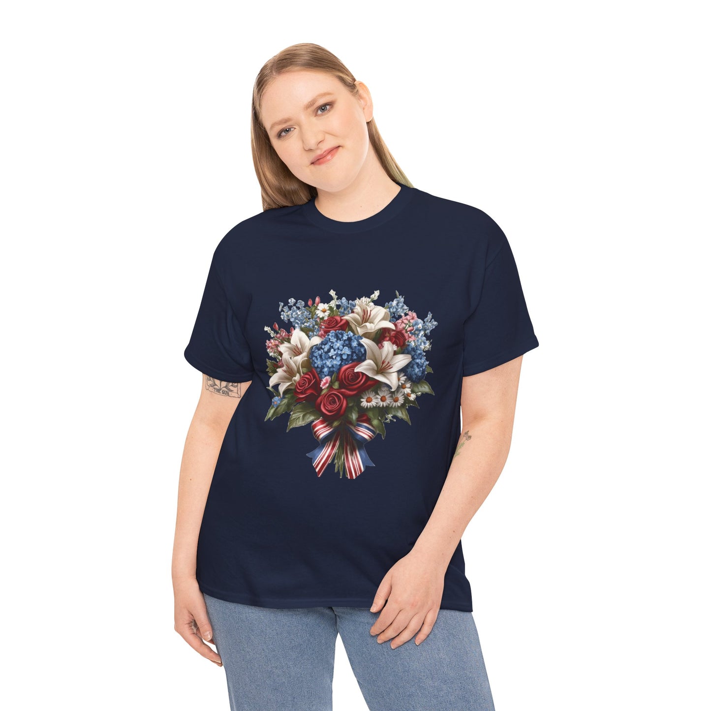 Patriotic Floral Bouquet T-Shirt, Red White Blue Flower Graphic Tee, USA Pride Shirt, Unisex Heavy Cotton Tee