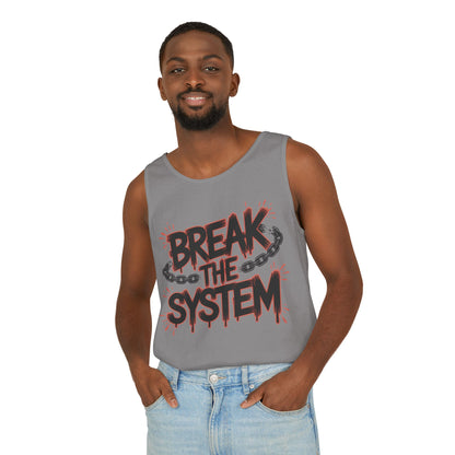 Men's Garment-Dyed Tank Top, Break the System Tank Top, Graphic Protest Muscle Tee, Streetwear Activist Summer Top