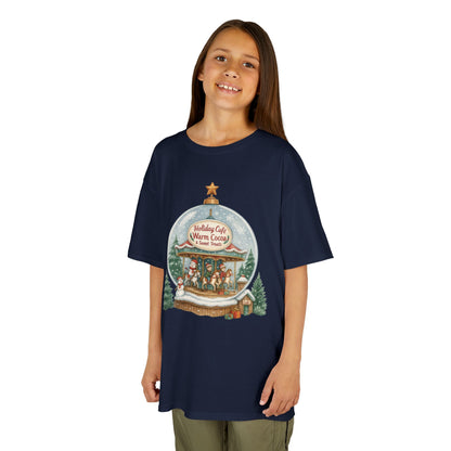 Youth Holiday Café Christmas T-Shirt, Warm Cocoa Carousel Kids Tee