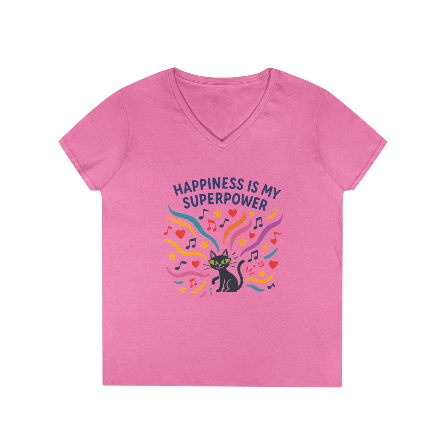 Happiness Is My Superpower V-Neck T-Shirt, Cat Lover Tee, Gift for Her, Cute Graphic Shirt, Music Enthusiast Apparel, Funny Cat Shirt