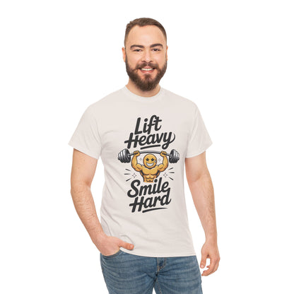 Mens Lift Heavy Smile Hard T-Shirt, Funny Gym Workout Graphic Tee, Mens Gym Tshirt
