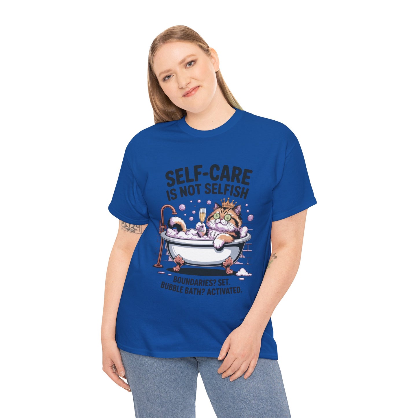 Womens Heavy Cotton Tee, Self-Care Cat Shirt, Funny Cat Bubble Bath Tee, Relaxing Kitty Graphic, Self Care Is Not Selfish Womens T-Shirt