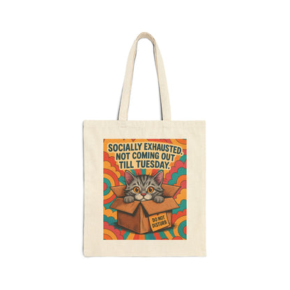 Socially Exhausted Cat Tote Bag, Funny Retro Cat in Box Canvas Bag, Do Not Disturb Comic Bag, Gift for Cat Lovers, Weekend Vibes