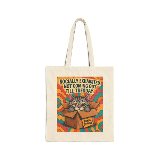 Socially Exhausted Cat Tote Bag, Funny Retro Cat in Box Canvas Bag, Do Not Disturb Comic Bag, Gift for Cat Lovers, Weekend Vibes