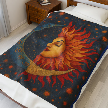 Sun and Moon Velveteen Plush Blanket, Celestial Cosmic Throw Blanket, Boho Astrology Home Decor, Cozy Spiritual Gift for Star Lovers