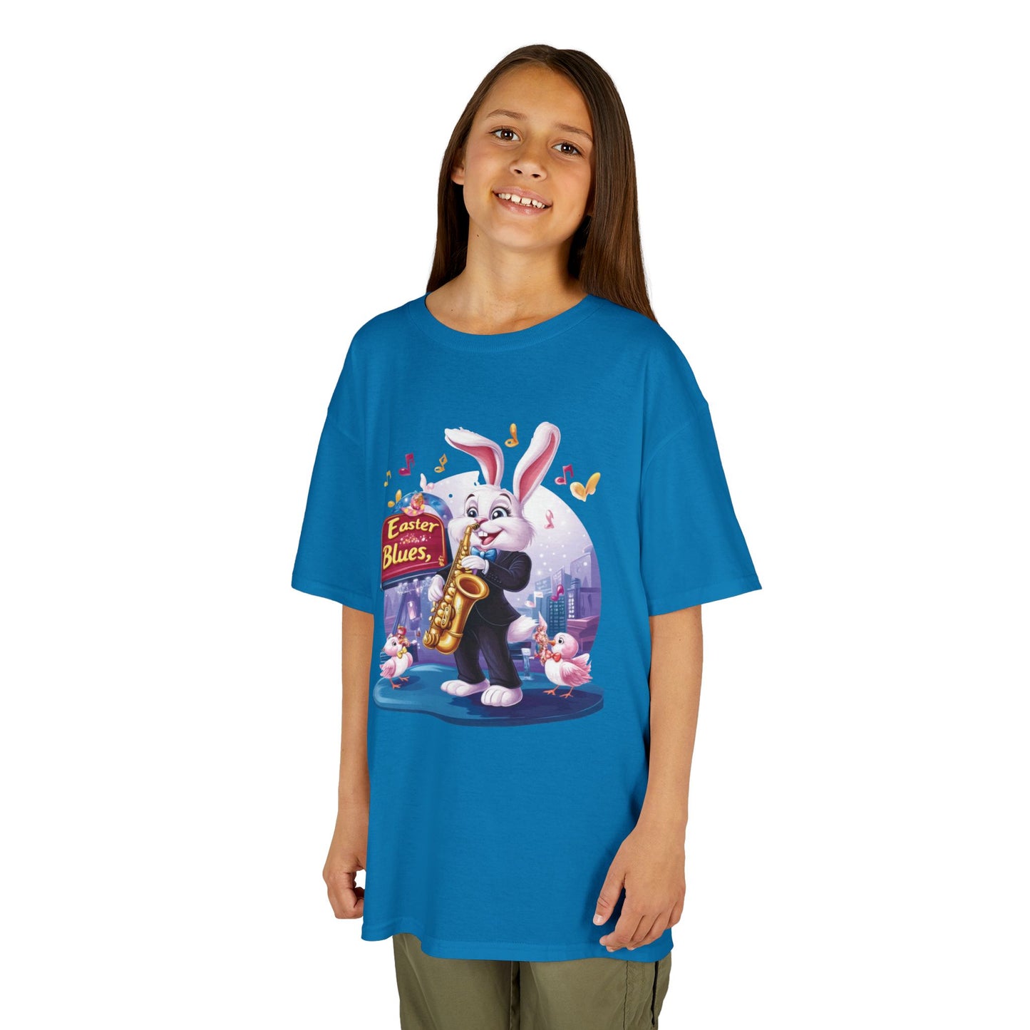 Easter Blues Bunny Kids T-Shirt - Cute Jazz Music Themed Tee for Boys and Girls, Fun Spring Gift, Bunny Playing Saxophone Design