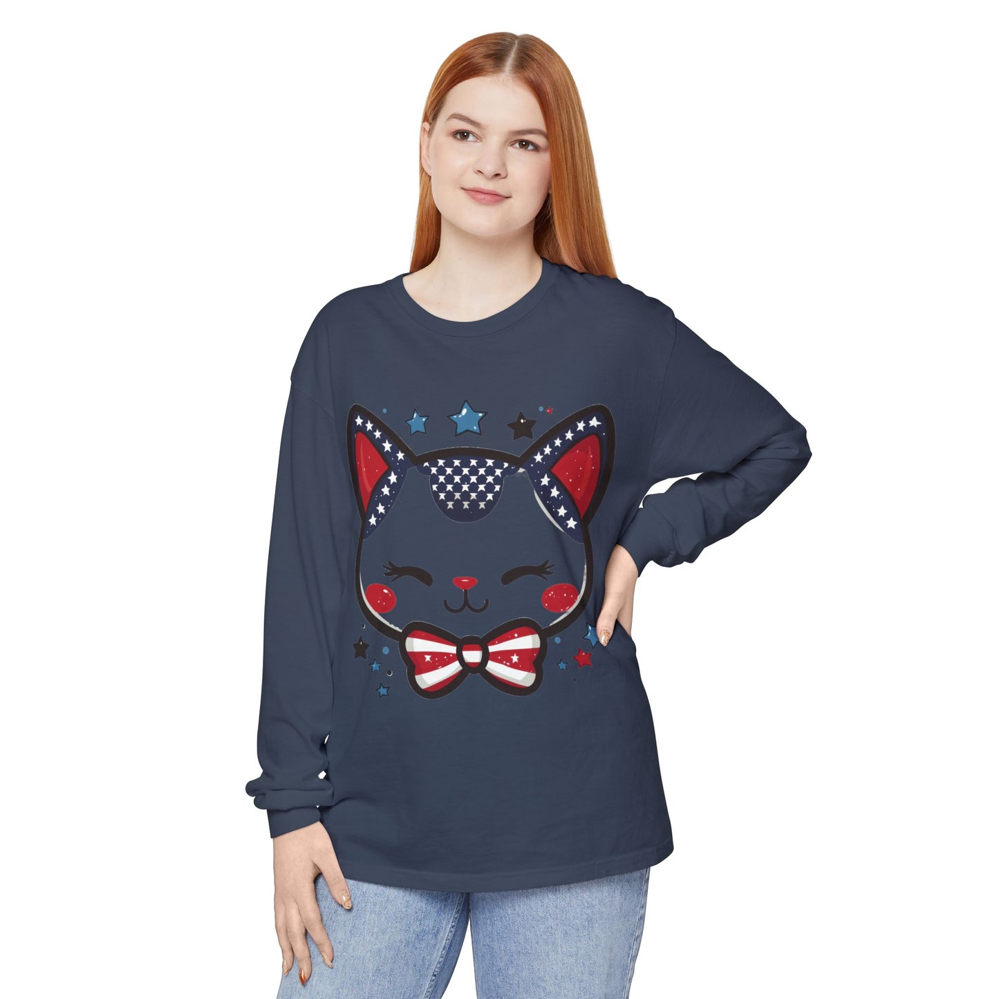 Cute Patriotic Cat Long Sleeve Women's T-Shirt, Fourth of July, Cat Lovers Gift, Casual Wear, Perfect for Holidays and Celebrations