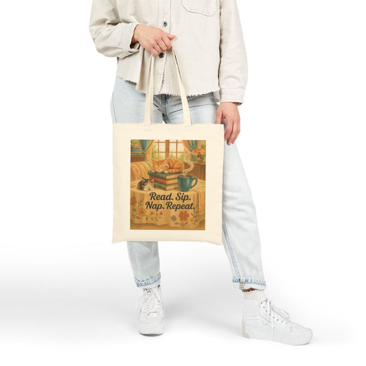 Cute Cotton Canvas Tote Bag - Read Sip Nap Repeat | Perfect for Book Lovers, Cat Lovers, Eco-Friendly Gift, Reusable Shopping Bag, Charming