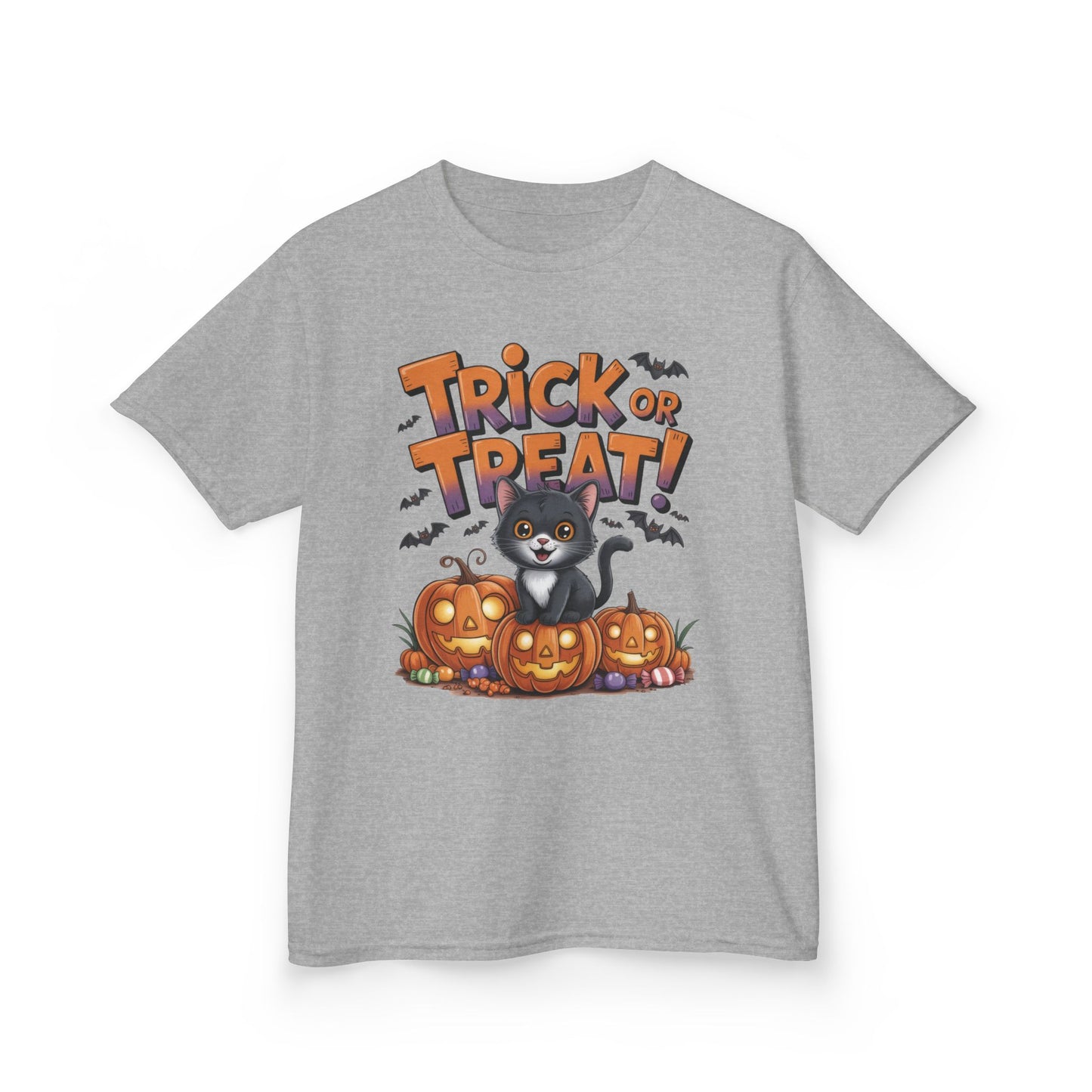 Girls Cute Black Cat Trick or Treat Halloween T-Shirt, Funny Pumpkin Cat Tee, Spooky Fall Shirt for Kids, Matching Family Halloween Shirts