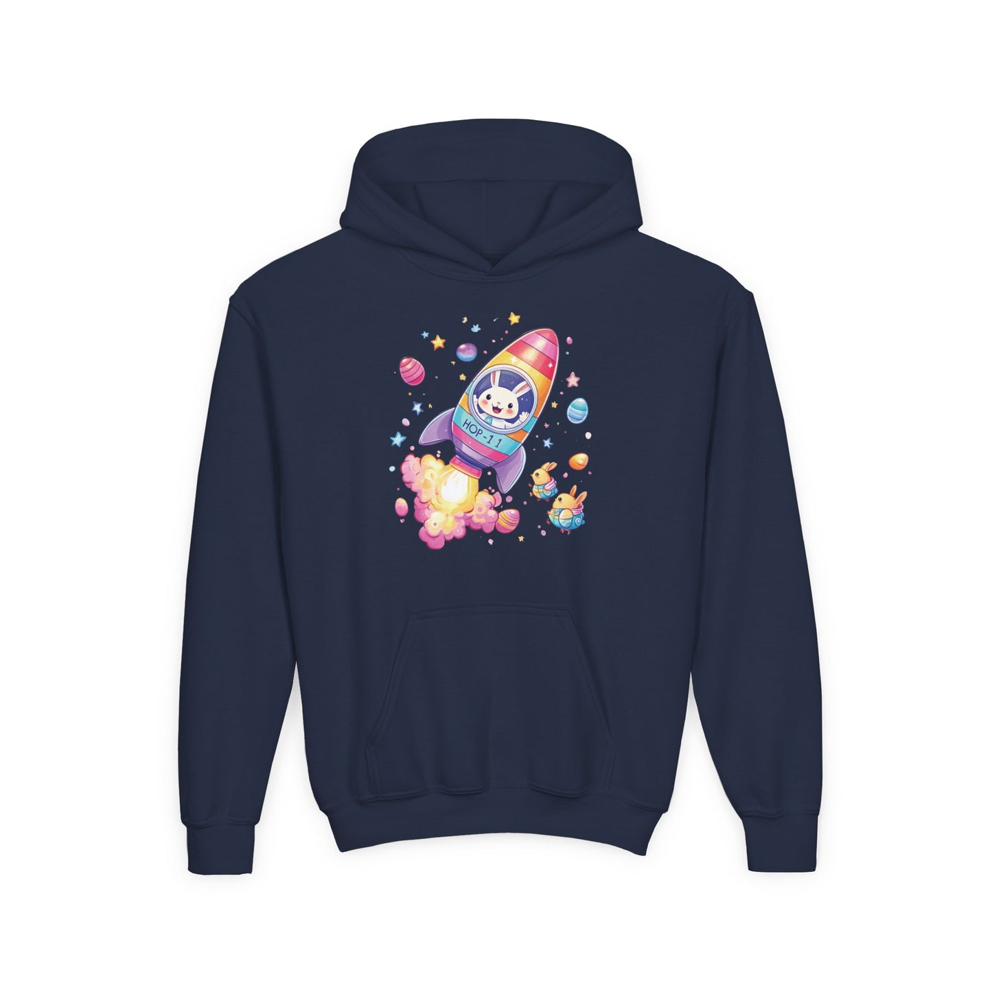 Easter Astronaut Bunny Kids Hoodie - Rocket Bunny Design with Colorful Eggs, Fun Space Adventure Sweatshirt for Spring and Holiday Gifts