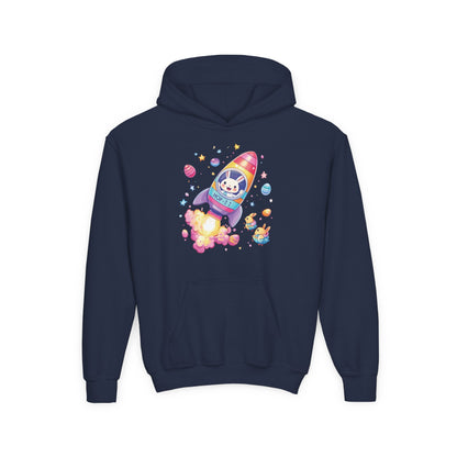 Easter Astronaut Bunny Kids Hoodie - Rocket Bunny Design with Colorful Eggs, Fun Space Adventure Sweatshirt for Spring and Holiday Gifts