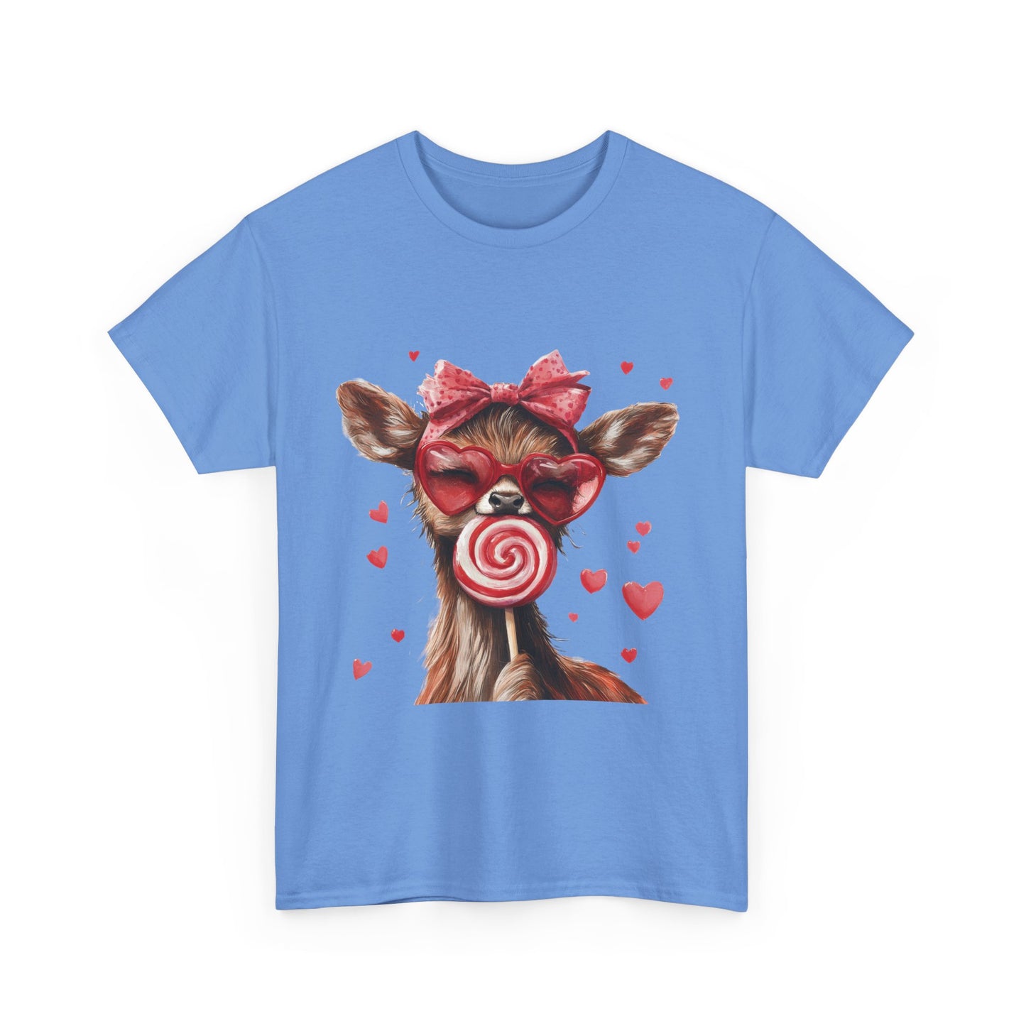 Cute Deer with Heart Glasses and Lollipop, Valentine's Day Heavy Cotton Tee, Fun Animal Love Shirt Gift for Her, Animal Lovers Shirt