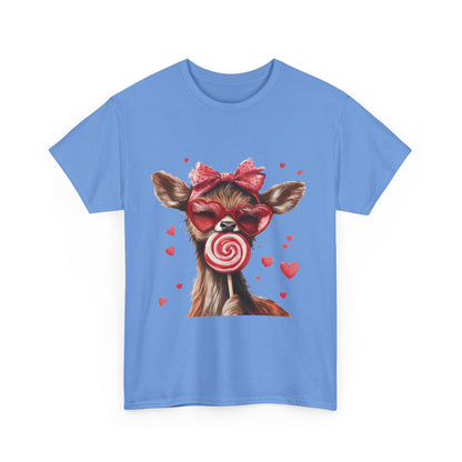 Cute Deer with Heart Glasses and Lollipop, Valentine's Day Heavy Cotton Tee, Fun Animal Love Shirt Gift for Her, Animal Lovers Shirt