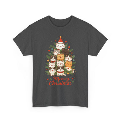 Women's Meowy Christmas Cat T-Shirt, Cute Holiday Kitty Tree Tee