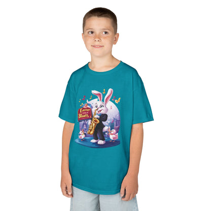 Easter Blues Bunny Kids T-Shirt - Cute Jazz Music Themed Tee for Boys and Girls, Fun Spring Gift, Bunny Playing Saxophone Design