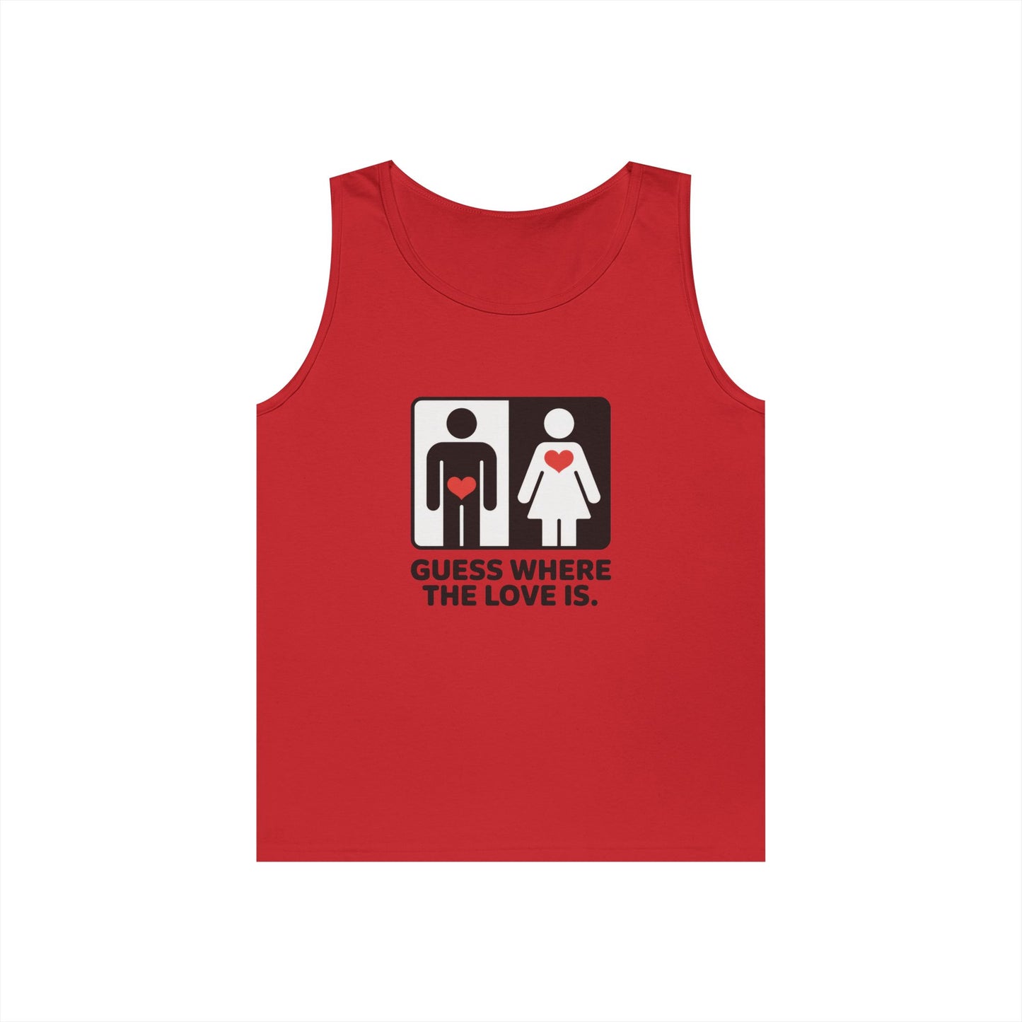 Cute Guess Where The Love Is Mens Tank, Couples Gift, Valentines Day Gift, Relationship Humor Shirt, Funny Tank for Him, Bold Love Joke Tank