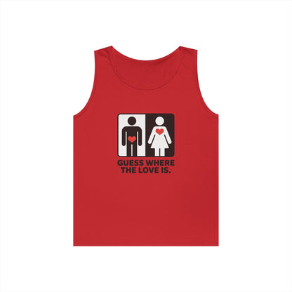 Cute Guess Where The Love Is Mens Tank, Couples Gift, Valentines Day Gift, Relationship Humor Shirt, Funny Tank for Him, Bold Love Joke Tank