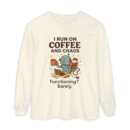 Coffee Chaos Long Sleeve Tee, Funny T-Shirt, Quirky Gift for Coffee Lovers, Unisex Top for Busy Lives, Work from Home Humor Tee