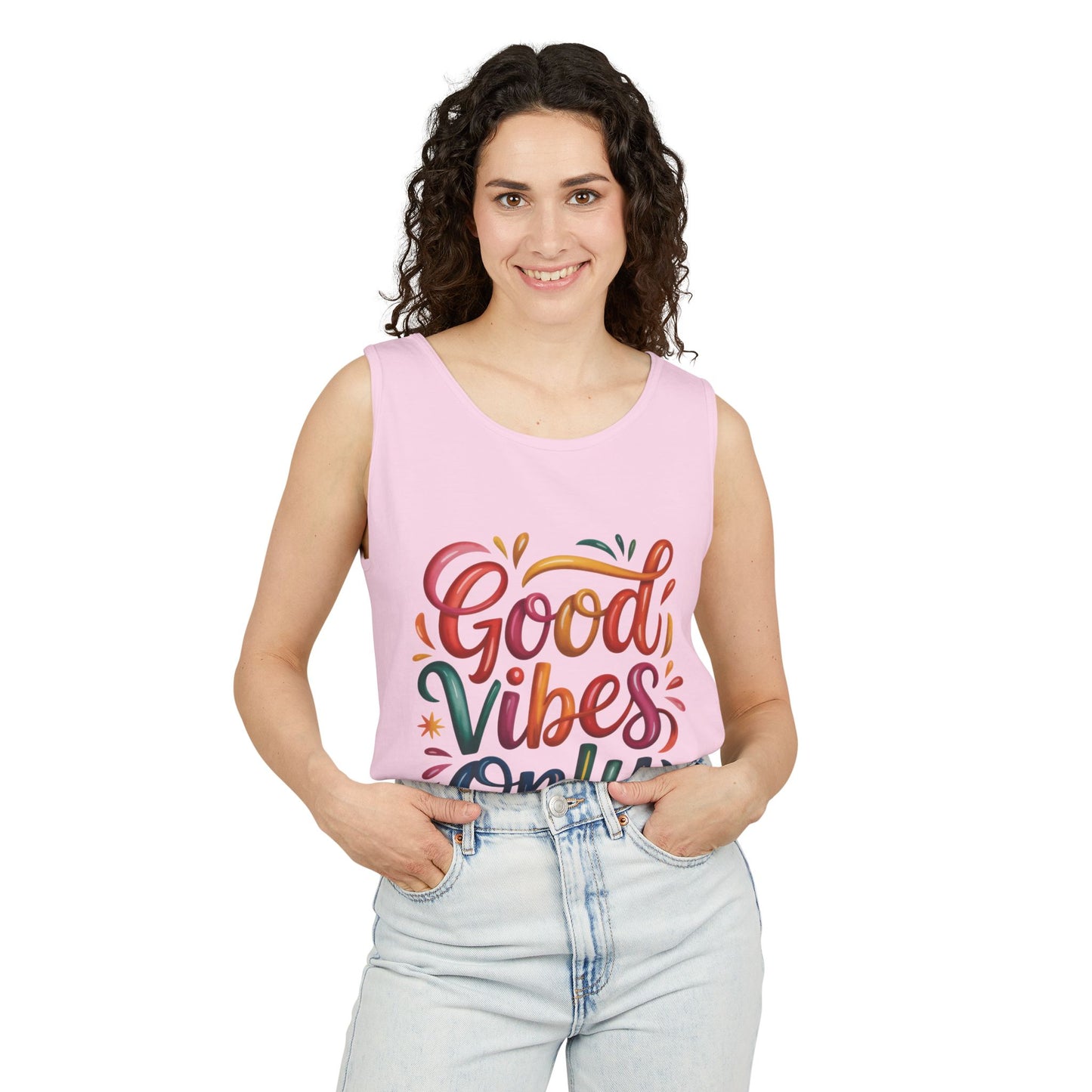 Good Vibes Only Unisex Garment-Dyed Tank Top, Summer Casual Wear, Festival Outfit, Beach Day Tee, Gift for Friends, Positive Vibes Apparel