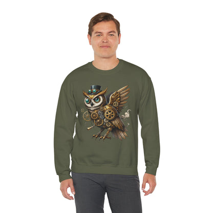 Steampunk Owl Unisex Crewneck Sweatshirt, Vintage Mechanical Gears Fantasy Bird Graphic Pullover, Gift for Owl Lovers